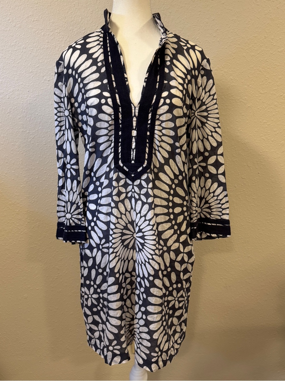 Tory Burch Navy White Medallion Cotton Tunic Dress 10 Resortwear Caftan Coverup